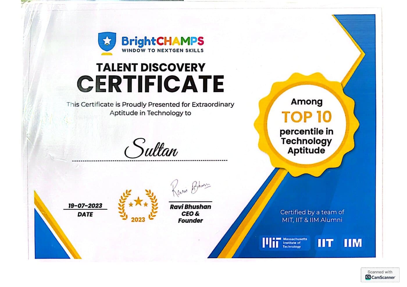 Talent Discovery Certificate — Top 10% in Technology Aptitude