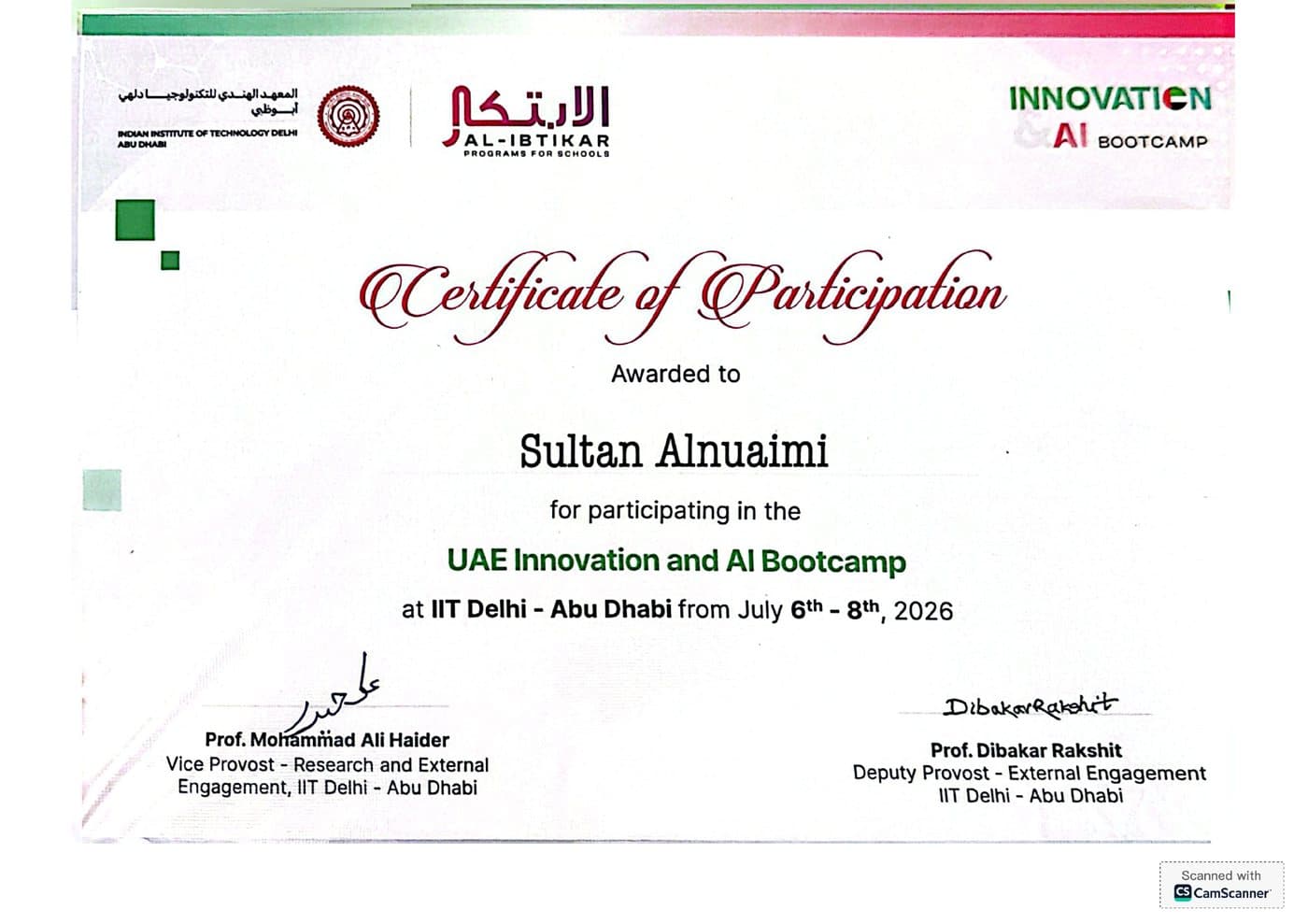 UAE Innovation & AI Bootcamp — Certificate of Participation